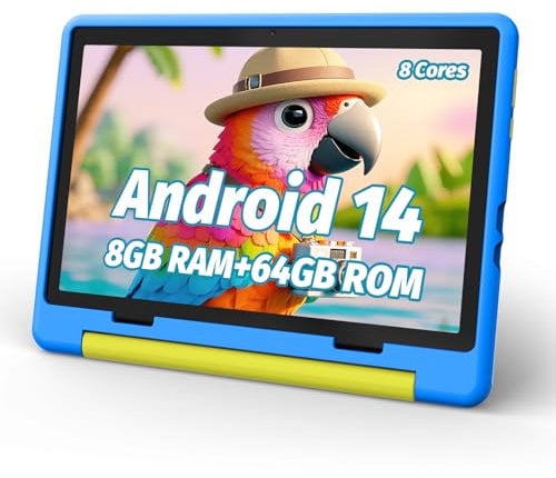 Freeski 10.1 Inch Android 14 Kids Tablet, 8GB+64GB(1TB Expandable), 1280x800 HD Screen, 5000mAh, 5MP+8MP Dual Camera, Parental Controls, Tablet for Kids with Shockproof Case(Blue)