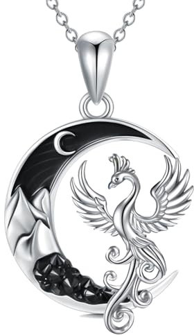 Shusukue Phönix Halskette 925er Sterlingsilber Phönix-Anhänger mit schwarzer Halbmond-Halskette Nirvana Wiedergeburt Phönix Schmuck Damengeschenk Gothic-Schmuck für Damen