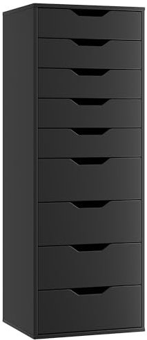 FOREHILL Kommode schwarz mit 9 Schubladen, Schubladenschrank schmal, Hochkommode für Schalfzimmer, Wohnzimmer, Büro, Flur, 45 x 40 x 124 cm