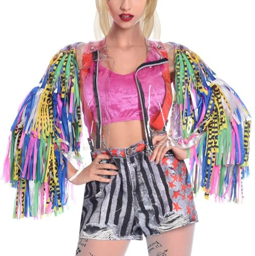 I LOVE FANCY DRESS Chaotic Fringe Jacket Costume - Large/XLarge - Transparent Cropped Vinyl Jacket with Colourful Tassel Sleeves - Comic-Inspired Party Outfit for Cosplay & Events