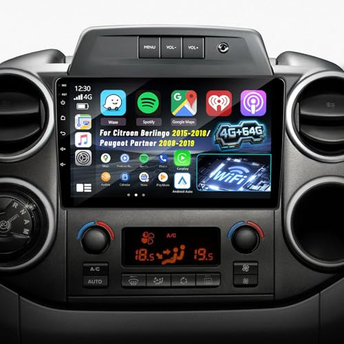 4G+64G Android Radio de Coche para Citroen Berlingo 2015-2018/Peugeot Partner 2008-2019 con Wireless Carplay & Android Auto, Pantalla Táctil con GPS, WiFi, 32EQ, Bluetooth 5.0, Radio FM/RDS