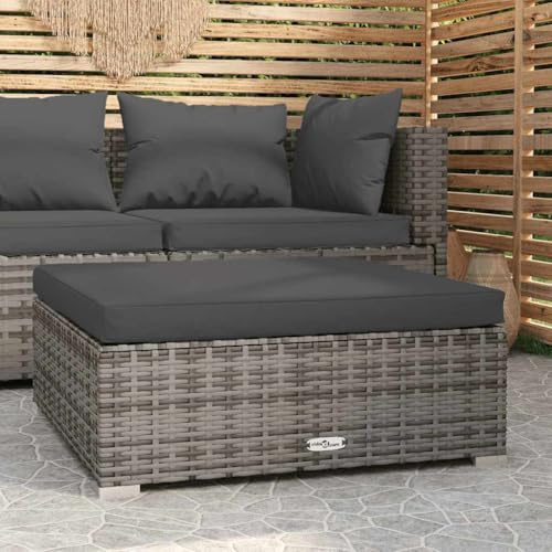 IBUQDDV Repose-pieds de jardin, avec coussin amovible, gris, 70 x 70 x 30 cm, en rotin synthétique et cadre en acier, pour détente extérieure