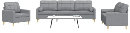 GeenYuu 3-TLG. Sofagarnitur Hellgrau Stoff, Metallrahmen, mit bequemen Dekokissen, 1 Sessel, 1 Zweisitzer, 1 Dreisitzer, für Wohnzimmer, Lounge, Schlafzimmer