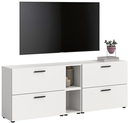 xonox.home – Wohnkombination The One 176x67x34 cm in Weiß Nachbildung – Schlichte Wandkombination mit 4 Klappen – 10 Fächer bieten vielseitige Ablagemöglichkeiten & eine Elegante Optik im Wohnraum