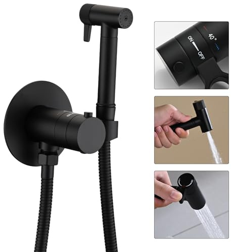 WRKMH Kit Douchette WC Thermostatique, Noir Douchette Laiton Toilette Douchette WC Kit Complet avec Pulvérisateur Double Fonction, 1.2m Tuyau de Douche