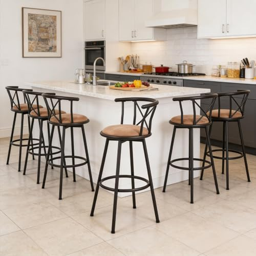 MEUBLE Cosy Barhocker 6er Set Barstühle Drehbarer 75.5 cm de Haut Drehstühle mit Fußstütze Lehne und Wildledersitz, für Esszimmer, Küche, Theke, Bar, Industriestil, Braun