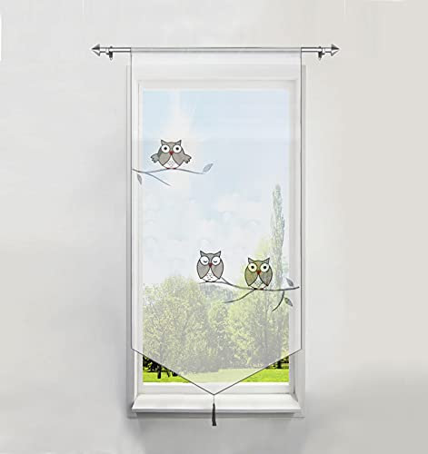 BAILEY JO 1Pièce Rideau Brise-bise LxH/40x90CM en Polyester Transparent Broderie Hibou Gris avec Pompon Rideaux Courts Décoration de Fenêtre