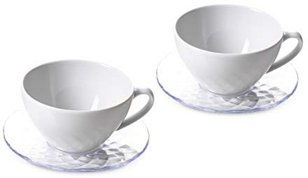 Omada Design 2 tazas grandes de 35 cl y dos platillos de colores, respectivamente en porcelana y acrílico transparente, perfectos para el desayuno, Diamond Line