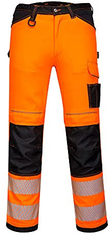 Portwest PW340 PW3 Men's Hi-Vis Cargo Work Trousers with Knee Pads and Pockets - Reflective High Viz Outdoor Safety Workwear, Orange/Black, 46