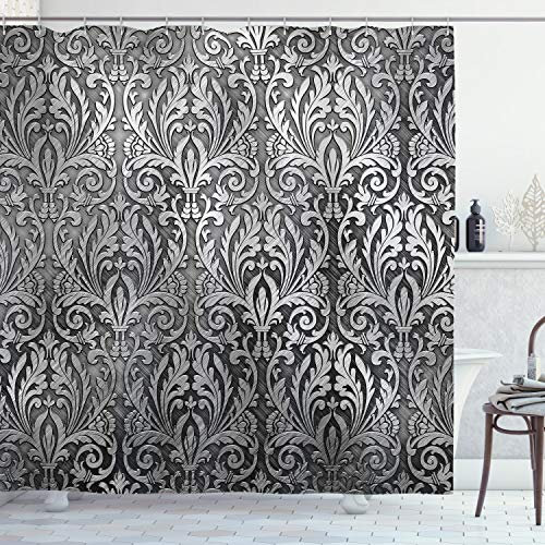 ABAKUHAUS Damask Duschvorhang, Klassische Blumenverzierung, Stoffliches Gewebe Badezimmerdekorationsset mit Haken, 175 x 240 cm, Schwarz Grau