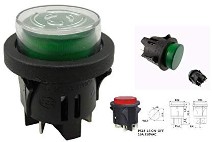 Druckschalter mit Wasserdichte Abdeckung Einbau ø 25mm 250V 16A grün beleuchtet, Flachstecker 6,3mm (1)