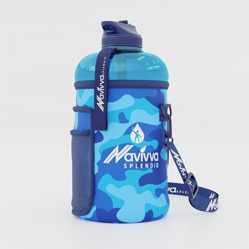NAVIVVA SPLENDID Sport Trinkflasche Groß - 2.2 L Fitness Wasserflasche mit Neopren-Hülle und Strohhalm - Große XXL Sportflasche - Spülmaschinenfest (Marine)