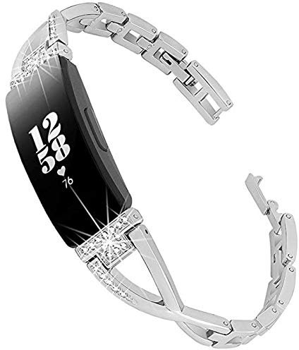 Miimall Armband Kompatibel mit Fitbit Inspire/Inspire 2/Inspire hr Ersatzband mit Glänzenden Strasssteinen, Hochwertiges Legierung Metall Uhrenarmband für Fitbit Inspire/Inspire 2/Inspire hr - Silber