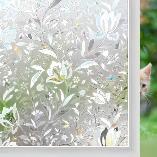 Niviy Window Film Floral Decorative Window Privacy Film 17.7 x 157 inches Front Door Glass Privacy Film Vinyl Heat Blocking Stained Glass Renter Friendly Window Cling