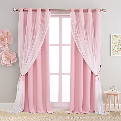 SOFJAGETQ Tende oscuranti rosa 213,4 cm di lunghezza, a doppio strato, per camera da letto dei bambini, soggiorno, cameretta dei bambini, orlo in pizzo rosa, 2 pezzi