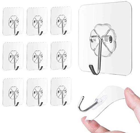 P&B 10x Heavy Duty self Adhesive Clear Hooks Clear Waterproof 10kg Plastic Strong Sticky Hook for Bathroom Kitchen Wall Door Fridge Ceiling Closet