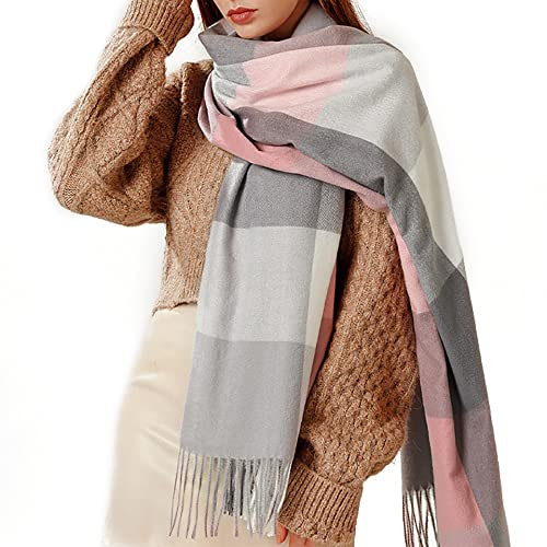 Bakicey Damen Schal XXL Warm Weich Strickschal Karo Winterschal Herbstschal Wolleschal Frauen Deckenschal Halstuch Scarf Poncho Cape (Hell Pink)