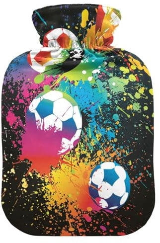 Hot Water Bottle, 2L Large Hot Water Bottles with Cover, Leak Proof Best for Winter Sports Outdoors Relief from Back, Neck and Leg Cold Muscle Pain and Cramps (Colorful Soccer Football)