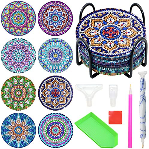 SPOKKI 8 Pcs Diamond Painting Coasters With Holder, DIY Mandala Cup Art Kits With Pen, Shining Drink Cork Base, Arts and Crafts for Adults Kids