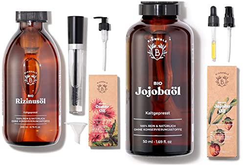 Bionoble Rizinusöl Bio 200ml & Jojobaöl Bio 50ml - 100% Rein, Natürlich und Kaltgepresst - Gesicht, Körper, Haare, Bart, Nägel - Vegan und Cruelty Free - Jojoba Oil - Glasflasche + Pipette + Pumpe
