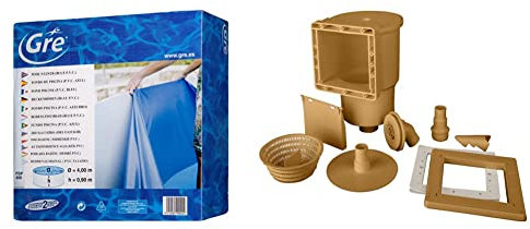 Gre FPROV500 - Liner para Piscinas Ovaladas, 500 x 300 x 120 cm (Largo x Ancho x Alto), Color Azul & AR100W - Skimmer para Piscina Estándar + Válvula de Impulsión, Color Marrón