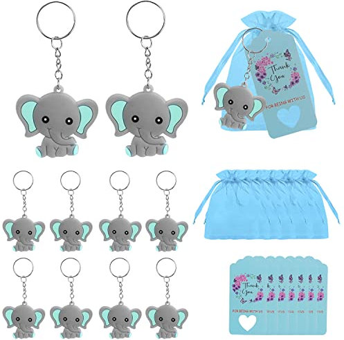 DBALL 20 Sets Eléphant Cadeau Invité Bapteme Eléphant Porte Clés Avec Sac En Organza Étiquette en Papier Kraft pour Cadeau Mariage Invité Souvenir Confirmation Cadeau (Bleu)