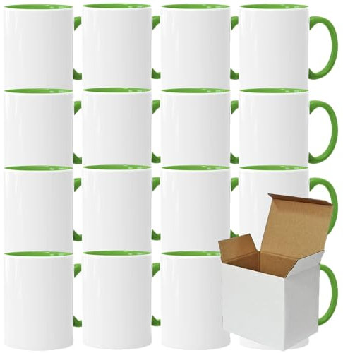 Acen Merchandise Lot de 8 tasses à sublimation sans impression en céramique de qualité supérieure - Gobelets à sublimation avec encre - Intérieur et anse vert clair