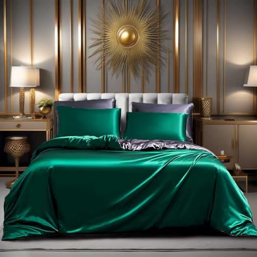 Gezu Housse de Couette Satin 220x240cm Vert Foncé Gris Foncé Unie Double Face Parure de Lit Soie Lisse Soyeux Brillant Doux Sets de 2 Personnes avec 2 Taies d'oreiller 65x65cm avec Fermeture Éclair