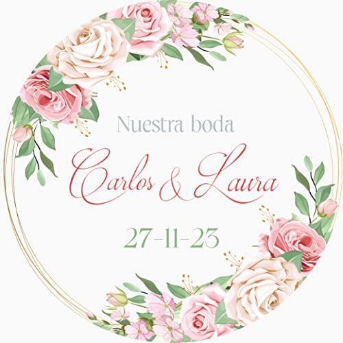 Pegatinas Personalizadas para Bodas: Etiquetas Adhesivas de Vinilo con Nombre y Fecha - 8 Modelos Exclusivos para Detalles y Regalos de Boda (Modelo 5)
