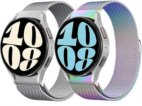 2 Pack Metal Correa para Samsung Galaxy Watch 7/6/5/4/FE 40mm 44mm/6 Classic 43 47mm/5 Pro 45mm/4 Classic 42mm 46mm, Correa de Metal Magnética Acero Inoxidable para Mujer Hombre