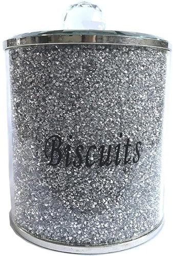 BML Silver Diamond Crushed Biscuit Canister Jar | Sparkle Kitchen Jar Storage Box Canister Crushed Diamond Display | Silver Trimmings Crystal Filled For Home