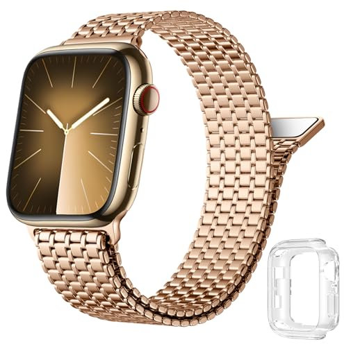 Upeak Cinturino in Acciaio Inossidabile Compatibile con Cinturino Apple Watch 40mm 41mm 38mm, Forte Bracciale Magnetico in Metallo con Custodia per iWatch Ultra 2 SE Serie 9 8 7 6 5 4 3, Oro Rosa