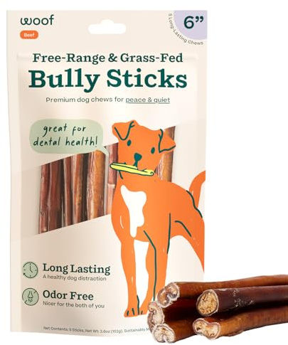 WOOF Bully Sticks Dog Chew Treats, 6 Inch, 5 Count