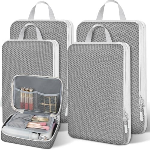 Otauoaea Kompression Packwürfel für Reisen, 5 Teilig Erweiterbar Koffer Organizer Set,Kofferorganizer mit Schuhsack und Kleidertasche,Compression Packing Cubes,Grau