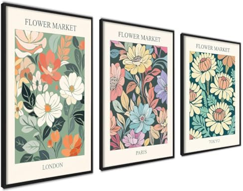 ag.art deco Quadri Moderni Soggiorno con Cornice Nera 21x30 cm | Poster da Parete | Quadri Camera da Letto o il Soggiorno | Set di 3 Stampe da Parete (Mercato dei Fiori)