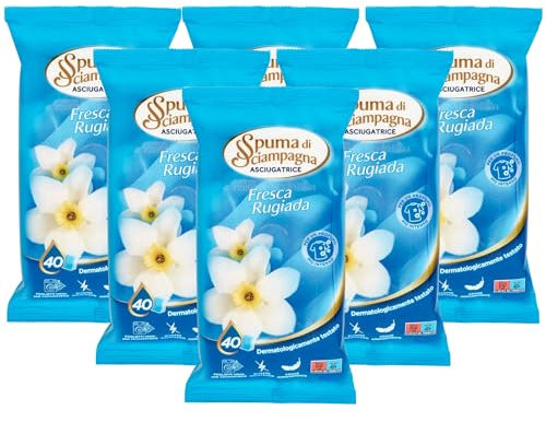 Foglietti Umidi Per Asciugatrice, Profumazione FRESCA RUGIADA Per Un Profumo Più Intenso. Azione Ammorbidente (Confezione Da 40 Foglietti) (6 Confezioni)