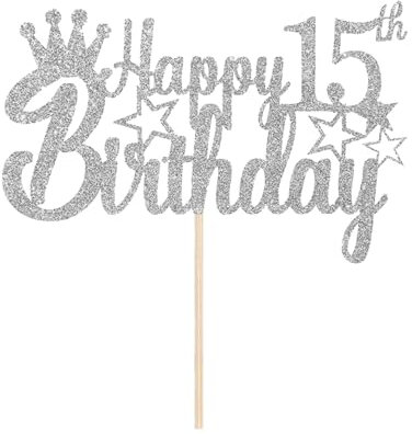 15th Birthday Cake Toppers, Happy 15th Birthday Cake Topper Glitter Star 15 Fabulous Cake Pick Birthday Sign Cake Decorations for Boys Girls 15 Years Old Birthday Party (Silver)
