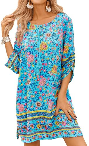 Zeagoo Women Summer Dresses 3/4 Sleeve Baggy Printed Casual Midi Dresses Sundress Tunic Dress XXL Blue