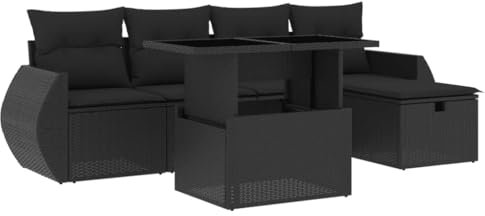 vidaXL Garten Sofa Garnitur 6-TLG., Gartenmöbel Set mit Kissen Modular, Lounge Sitzgruppe für Garten Terrasse, Gartentisch Verstellbare Tischplatte, Schwarz Poly Rattan
