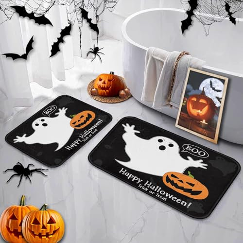 ArtSocket Kürbis-Halloween-Badezimmerteppich und -Matten-Set, 2-teilig, Herbstböse, Boo, Gothic, Hexe, Spinne, gruseliger Teppich, rutschfest, saugfähig, Memory-Schaum, maschinenwaschbar