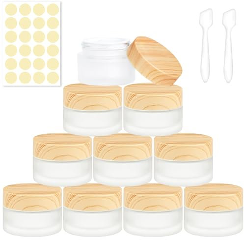 PIWOSGOL 10 Stück Glas Döschen Glastiegel, 15ml Cremedose Leer Leerdose, Kleine Klarer Tiegel, Creme Behälter mit Deckel aus Holzmaserung, Mattiert Salbentiegel für Lotion, Kosmetik, Cremes