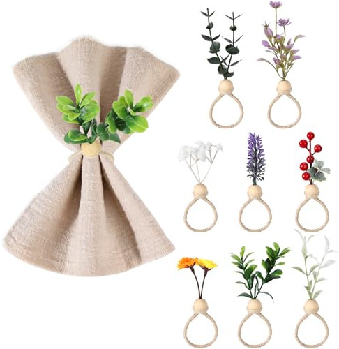MWOOT 8 Pezzi Anelli Portatovaglioli Foglia Finta Fiore, Portatovagliolo Boho per Nozze Natale Pasqua Cena Festa Banchetto, Ferma Tovaglioli Eucalipto Lavanda Bacca Artificiale Decorazioni da Tavola