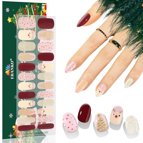 EBANKU Christmas Glitter Gel Nail Strips, Long Lasting Waterproof Full Wraps Stickers With Stick, File (Gold Christmas Tree)