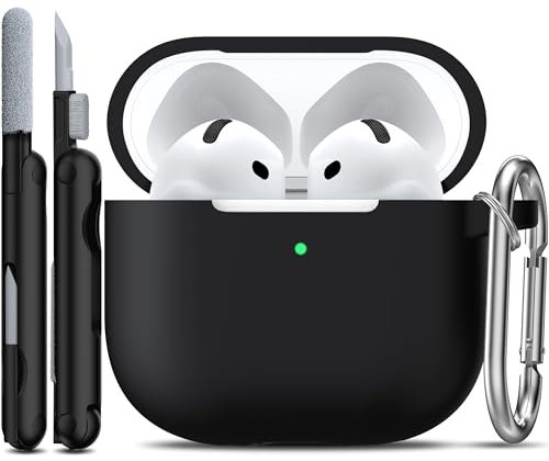 R-fun Kompatibel mit Airpods 4th Hülle mit Reinigungsset, Weiche Silikonhülle mit Schlüsselanhänger, Vollständige Schutzhülle für Männer und Frauen, Kompatibel mit Apple Latest Airpods 4th,Schwarz