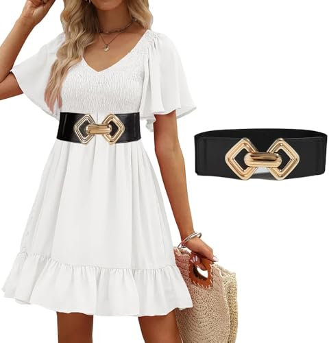 TOFBS Cinturon Mujer Elásticos Anchos Vintage a La Moda de Cintura Cuero PU con Metálico Hebilla Cinturones para Vestido Fiesta Graduación (Negro)