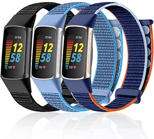 Maledan 3 Stück Nylon Armband Kompatibel Mit Fitbit Charge 6/5 - Verbessertes Einstellbares Weiches Sportarmband für Damen Und Herren