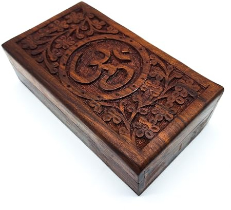 AB India Crafts Handgefertigte Holz Box Schatulle Größe M mit Mantra Om Aum Symbol für Geschenk Schmuck Aufbewahrung | Spiritualität Lifestyle Indien (Größe M 17x9x5 cm Gewicht ca. 300 g)