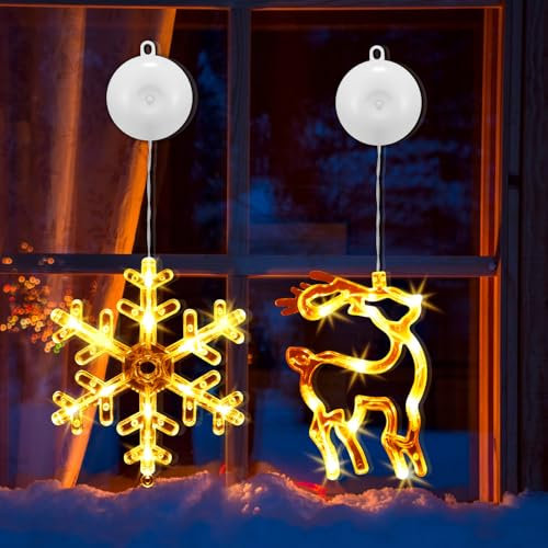 EKKONG Luci Natale Finestra 2 Pezzi Luci per Natalizie Finestre Tenda Interno Decorazioni Luminose Luminosa Led Fiocco di Neve e Alce per la Vigilia di Natale, Capodanno, Feste o Matrimoni