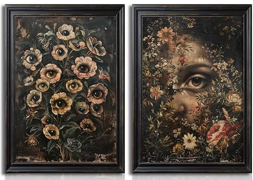 2 Stück Vintage Gothic Eye Wandkunst Dunkle viktorianische Blumen Leinwand Gemälde Mystische Augapfel Poster Stimmungsvolle ästhetische Bilder Schwarz Melancholie College Stil Drucke für Halloween