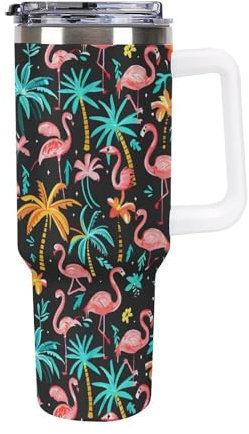 CSIVKEJ Mug flamant rose d'automne de 1,2 l (avec couvercle et paille), tasse à café de voyage flamant rose, cadeau d'automne pour les amateurs de flamants roses, décoration et accessoires de flamant